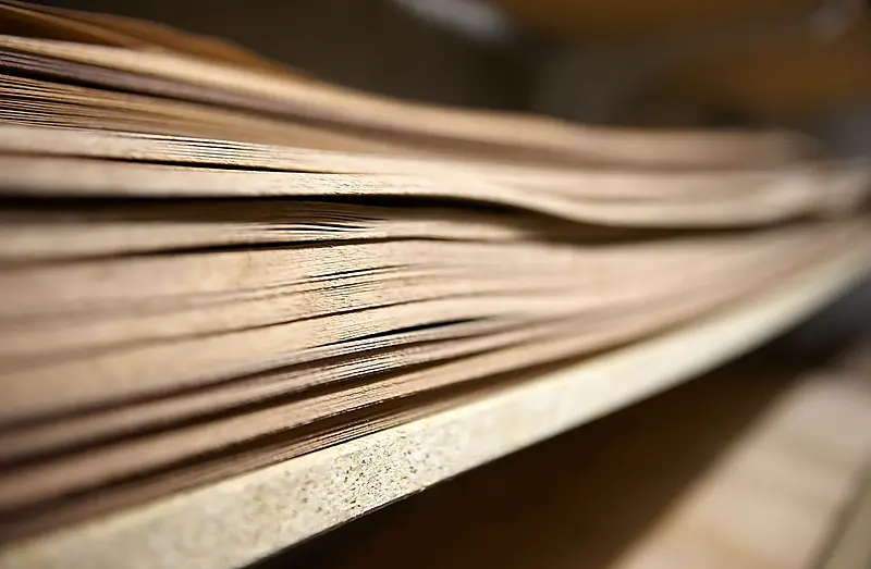 Gestapelte Echtholz-Furnierplatten in der Werkstatt